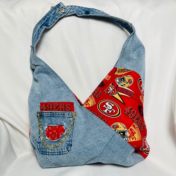 Handmade Upcycled denim forty niner tote bag purse - Picture 1 of 6